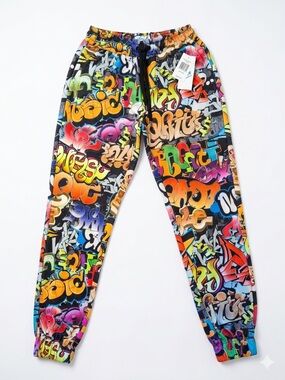 Men's Multicolor Graffiti Print Jogger Sweatpants- S